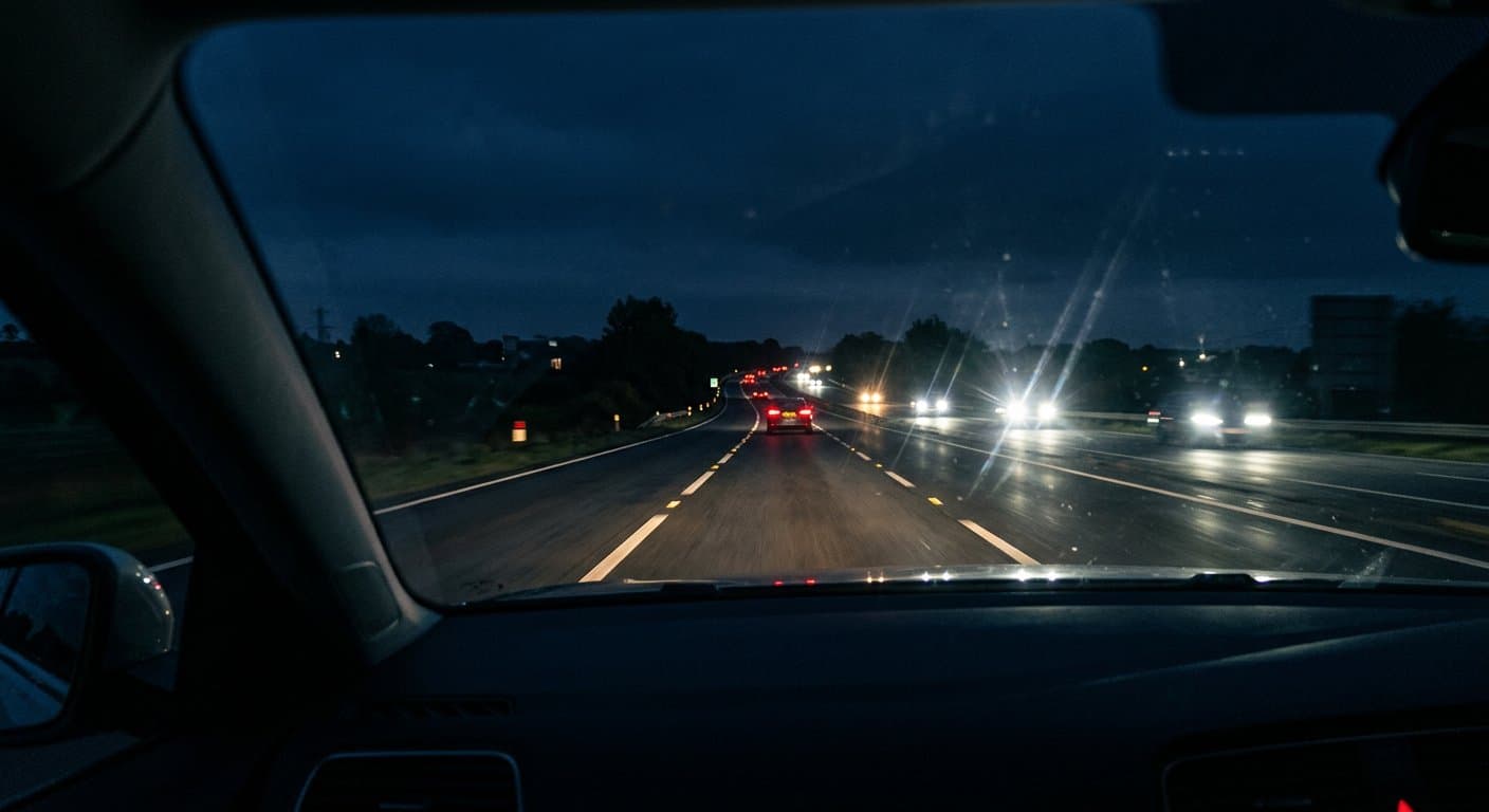 Road at night with headlight beams and fog