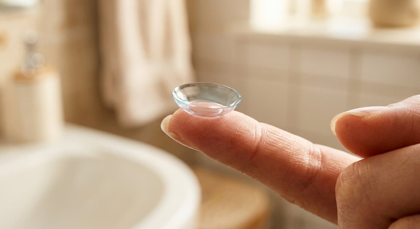 Lentille de contact transparente posée sur le bout d'un doigt, lumière douce de laboratoire