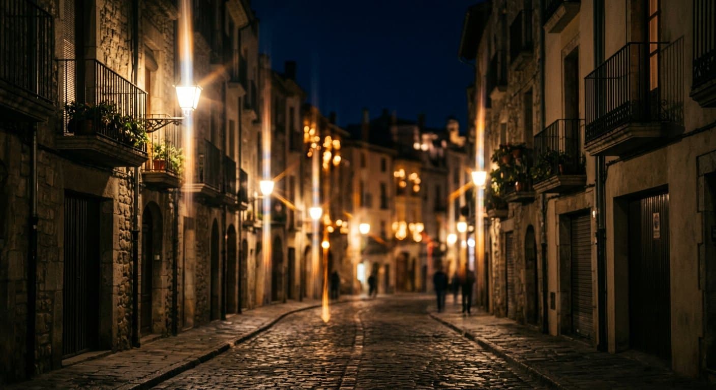 Night streetlights with stretched, slightly doubled light trails seen through an unfocused lens