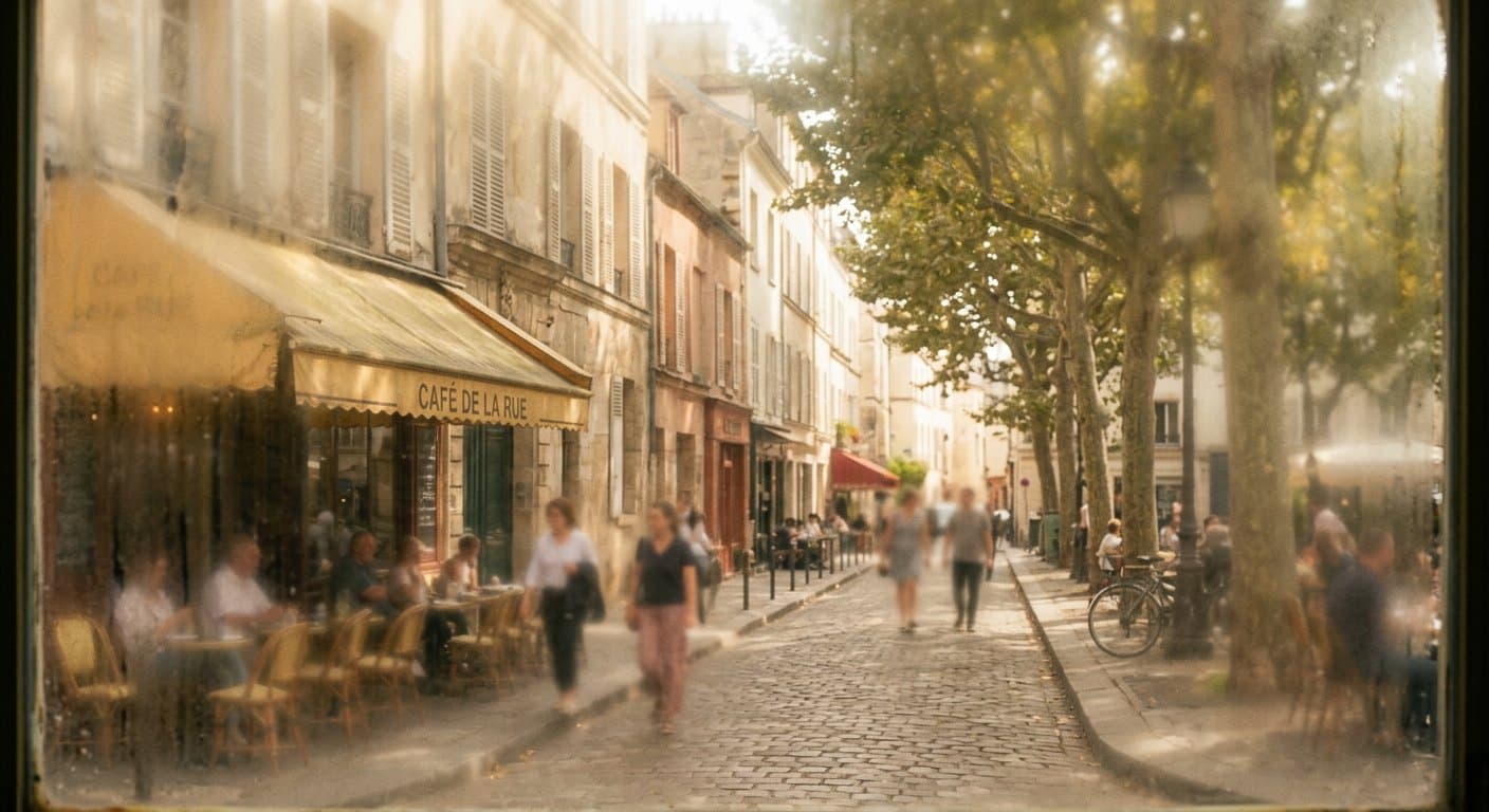 Scène de rue vue à travers un voile doux et légèrement jauni, couleurs estompées