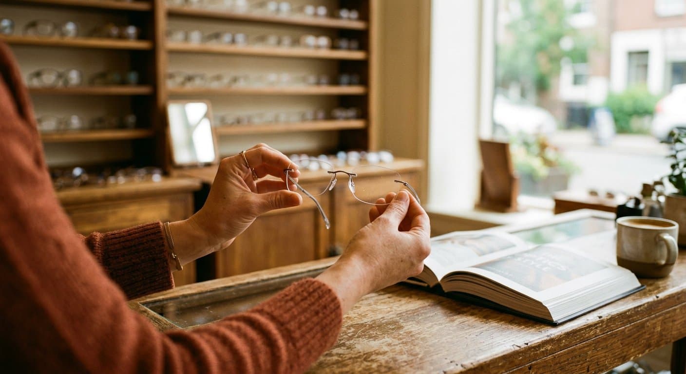Person looking through glasses at a book, then up to the horizon, warm optician's shop light
