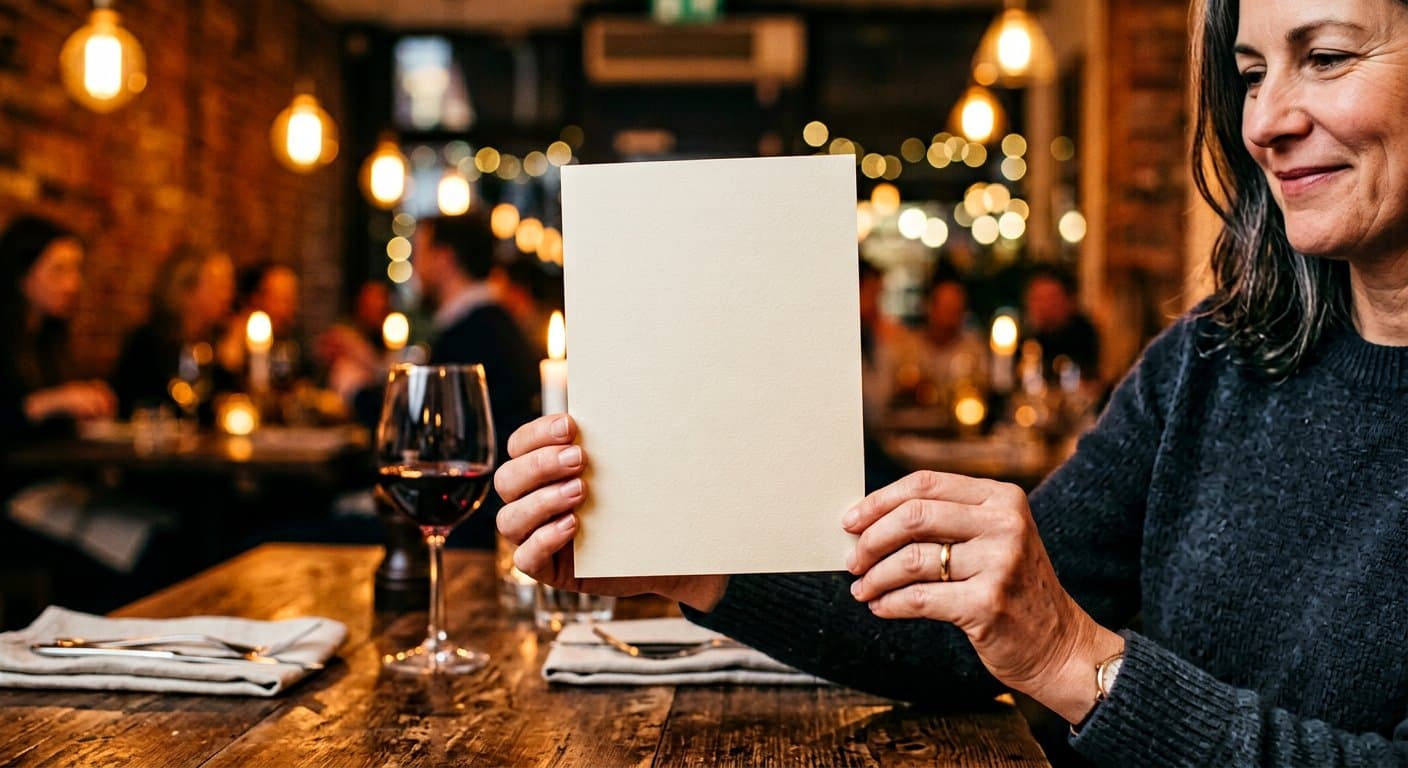 Person holding a restaurant menu at arm's length, warm light, slight smile of recognition