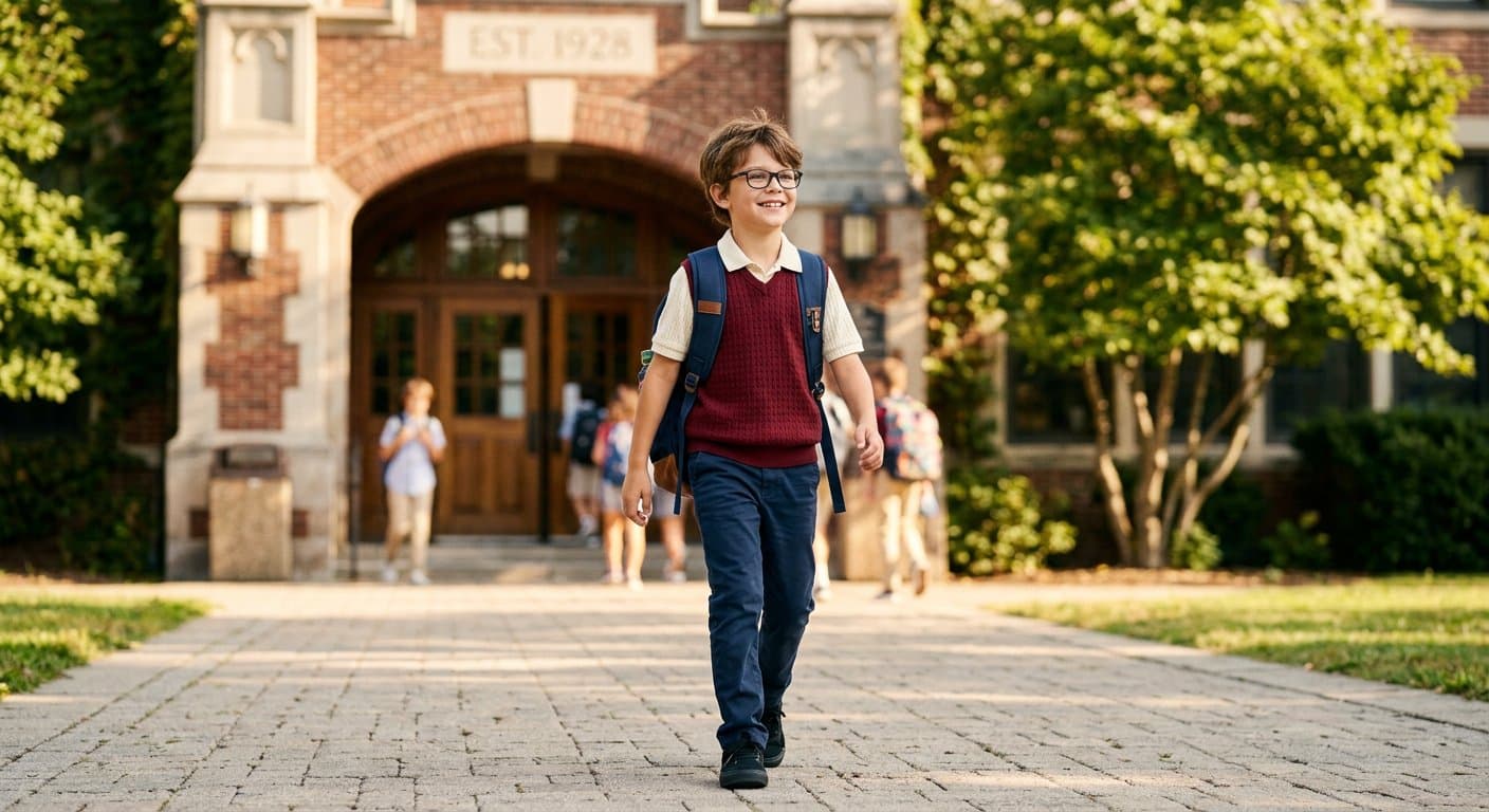 Child with a backpack and glasses entering the school