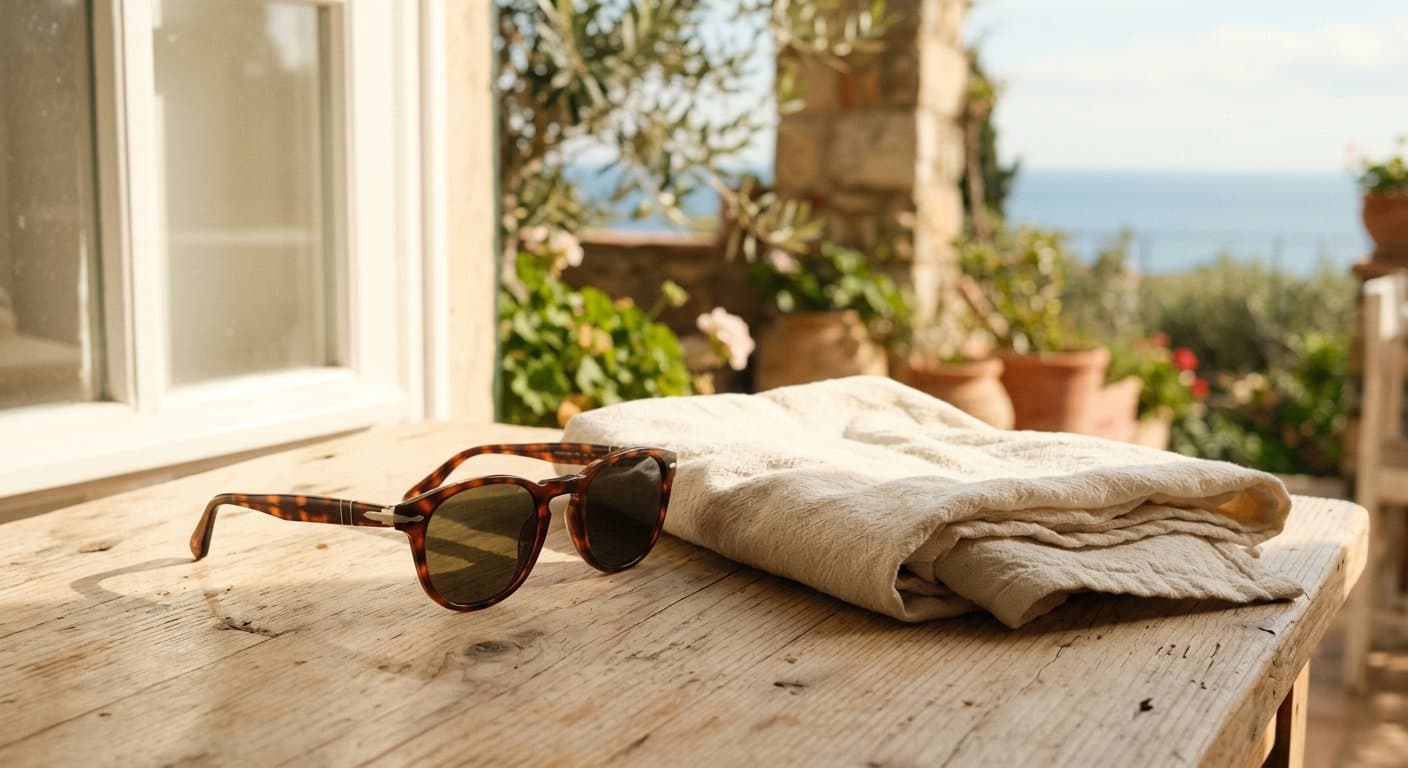 Par de gafas de sol oscuras sobre un mármol claro con luz dura de verano